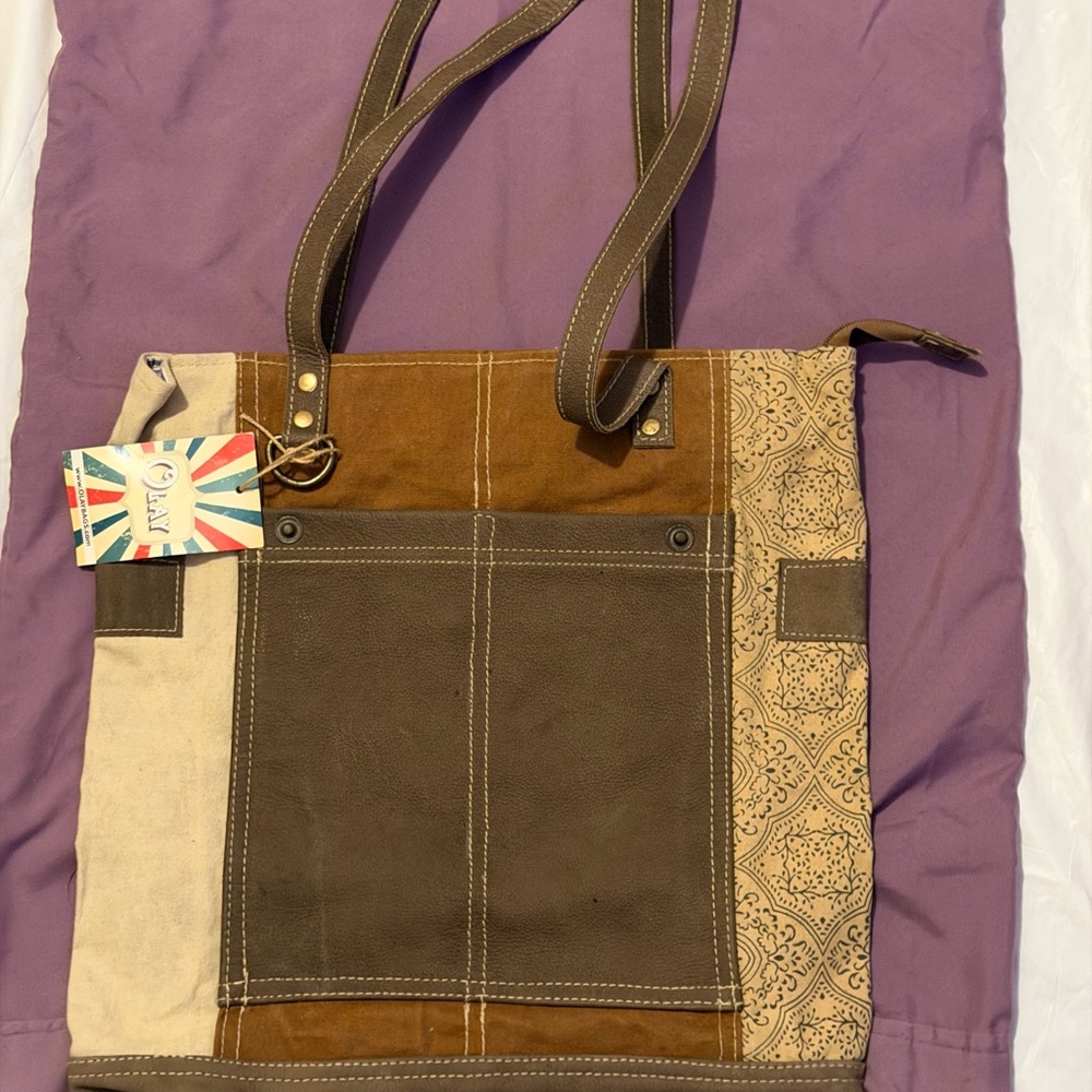 Geometric Patchwork Tote Brown Beige Gray Bohemian Zip Shoulder Bag/leather NWT